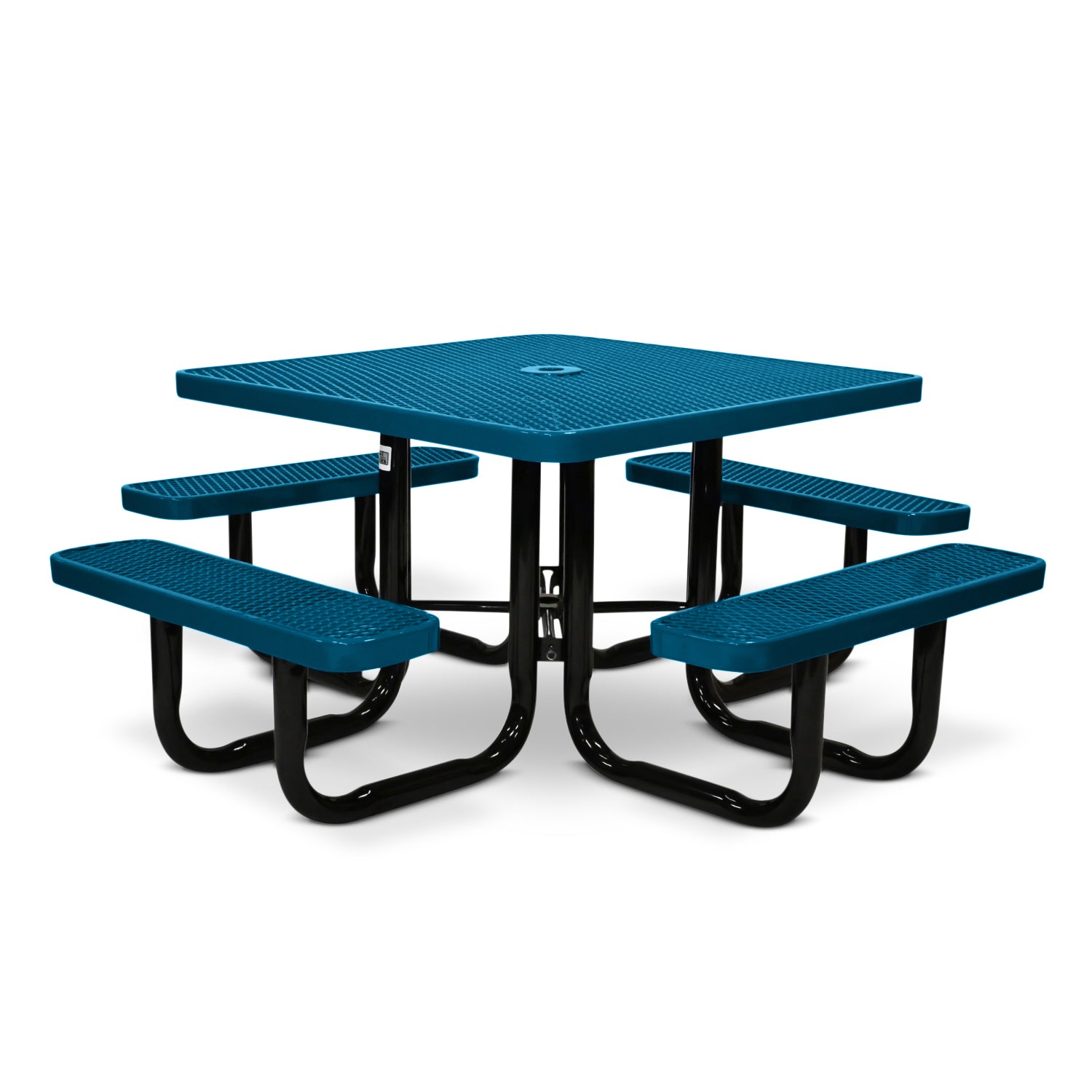 Blue square picnic table with four benches on a white background