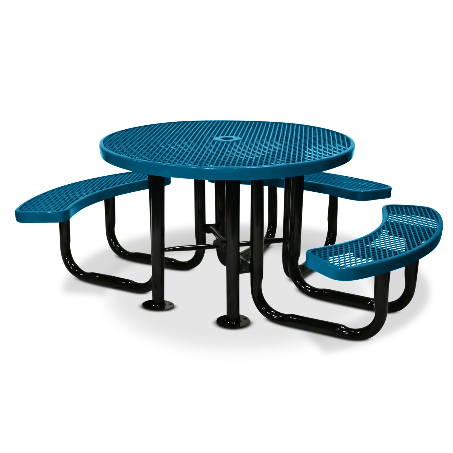 Blue circular picnic table with three benches on a white background