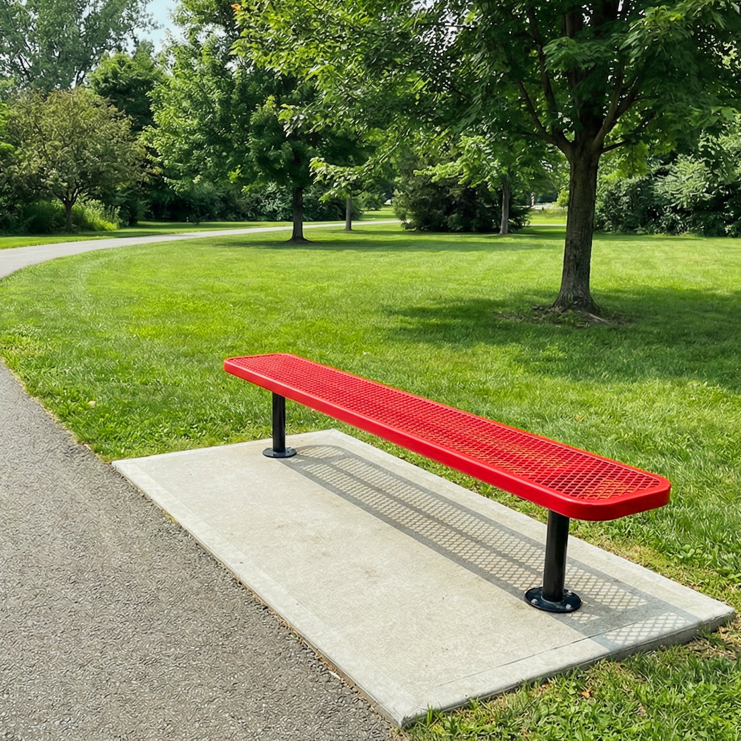 Red bench on a concrete slab in a park with green grass and trees.