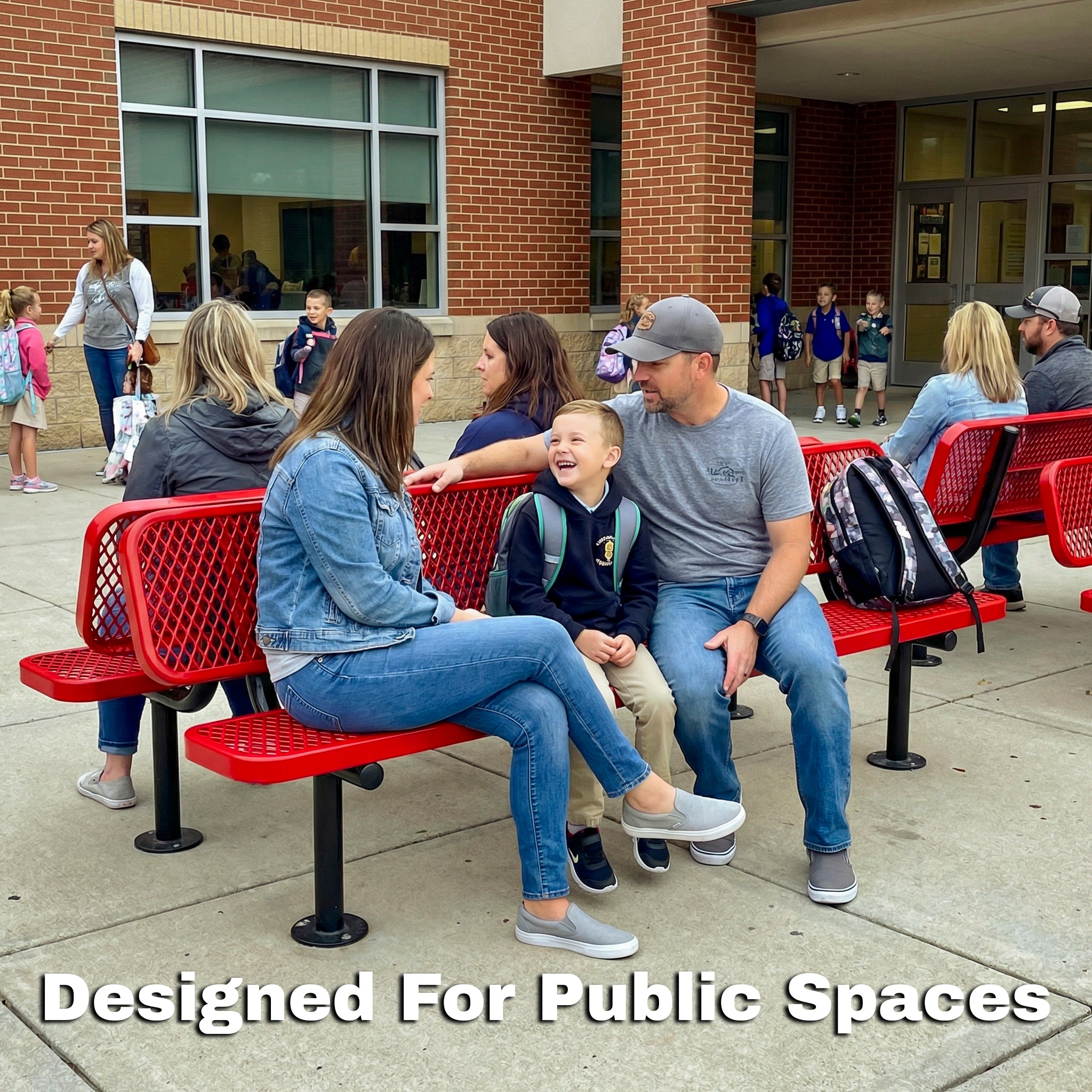 Family sitting on red benches outside a building with text 'Designed For Public Spaces'.
