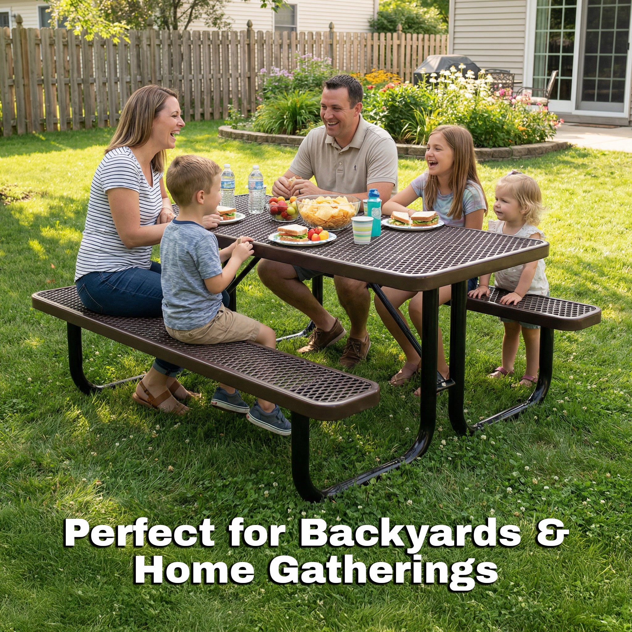 Family sitting at a picnic table in a backyard with text 'Perfect for Backyards & Home Gatherings'.