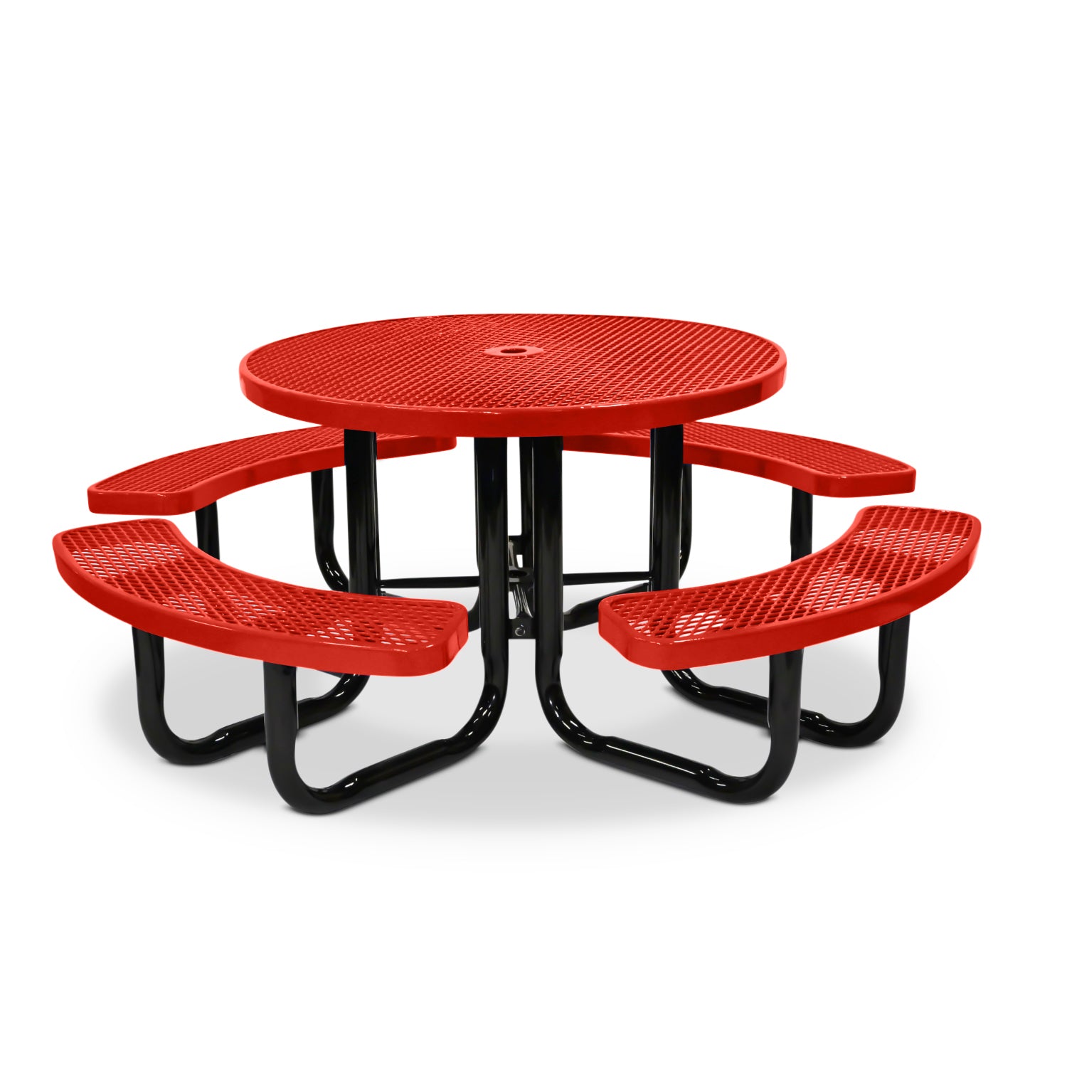 Red circular picnic table with four curved bench seats on a white background