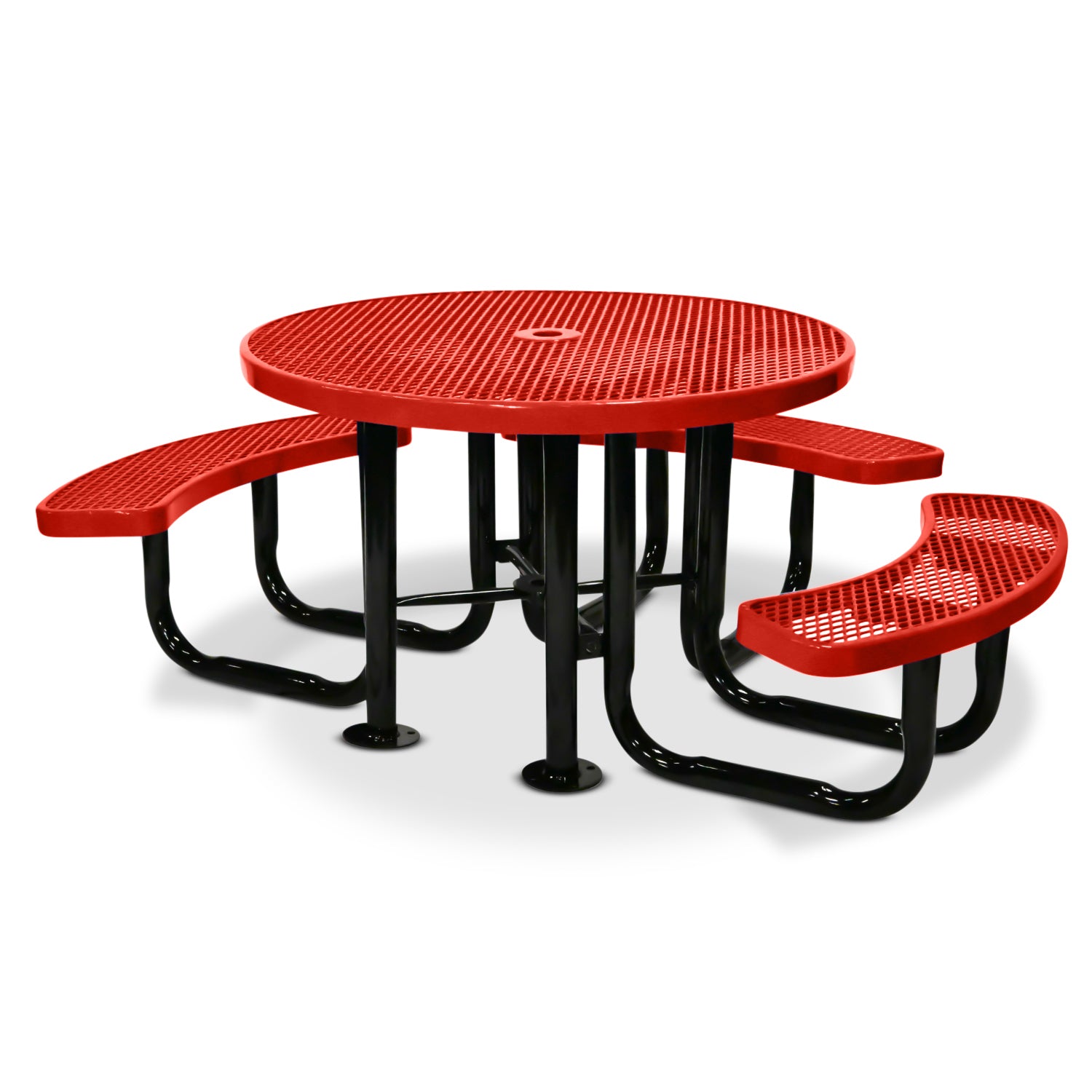 Red 3 seat outdoor picnic table with black legs on a white background
