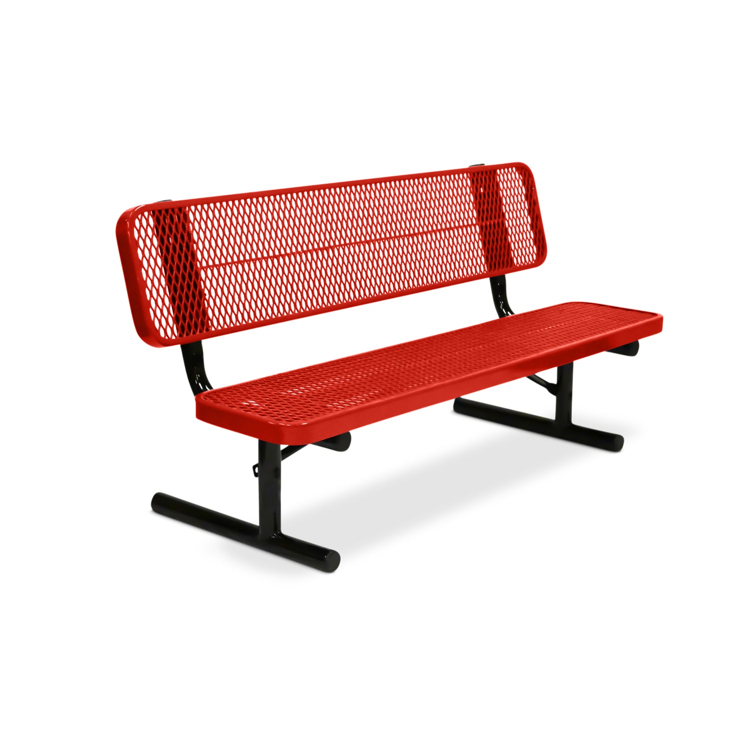 Red metal bench with black legs on a white background