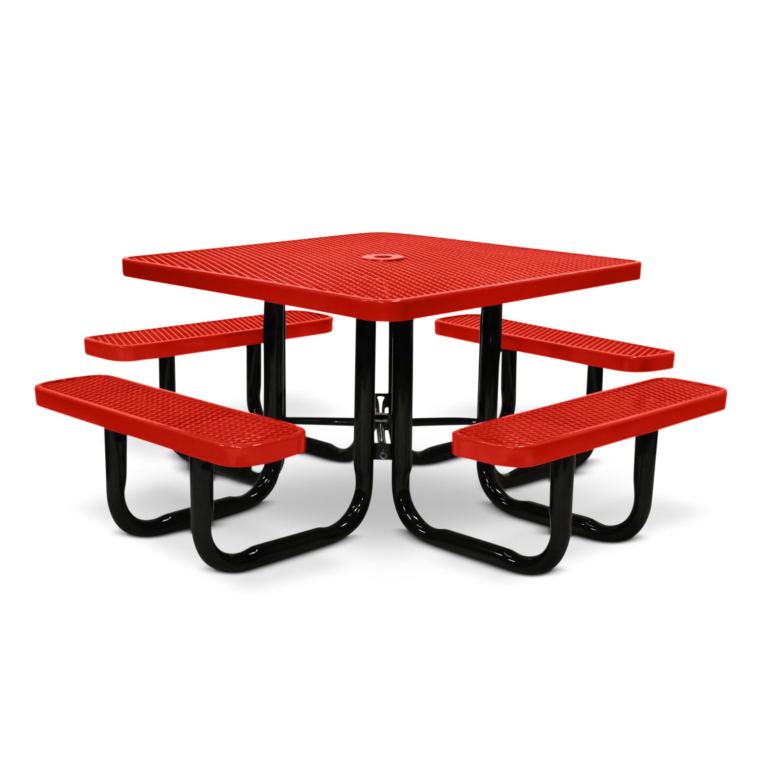 Red square picnic table with black metal frame on a white background