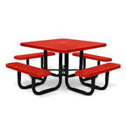 Red square picnic table with black metal frame on a white background