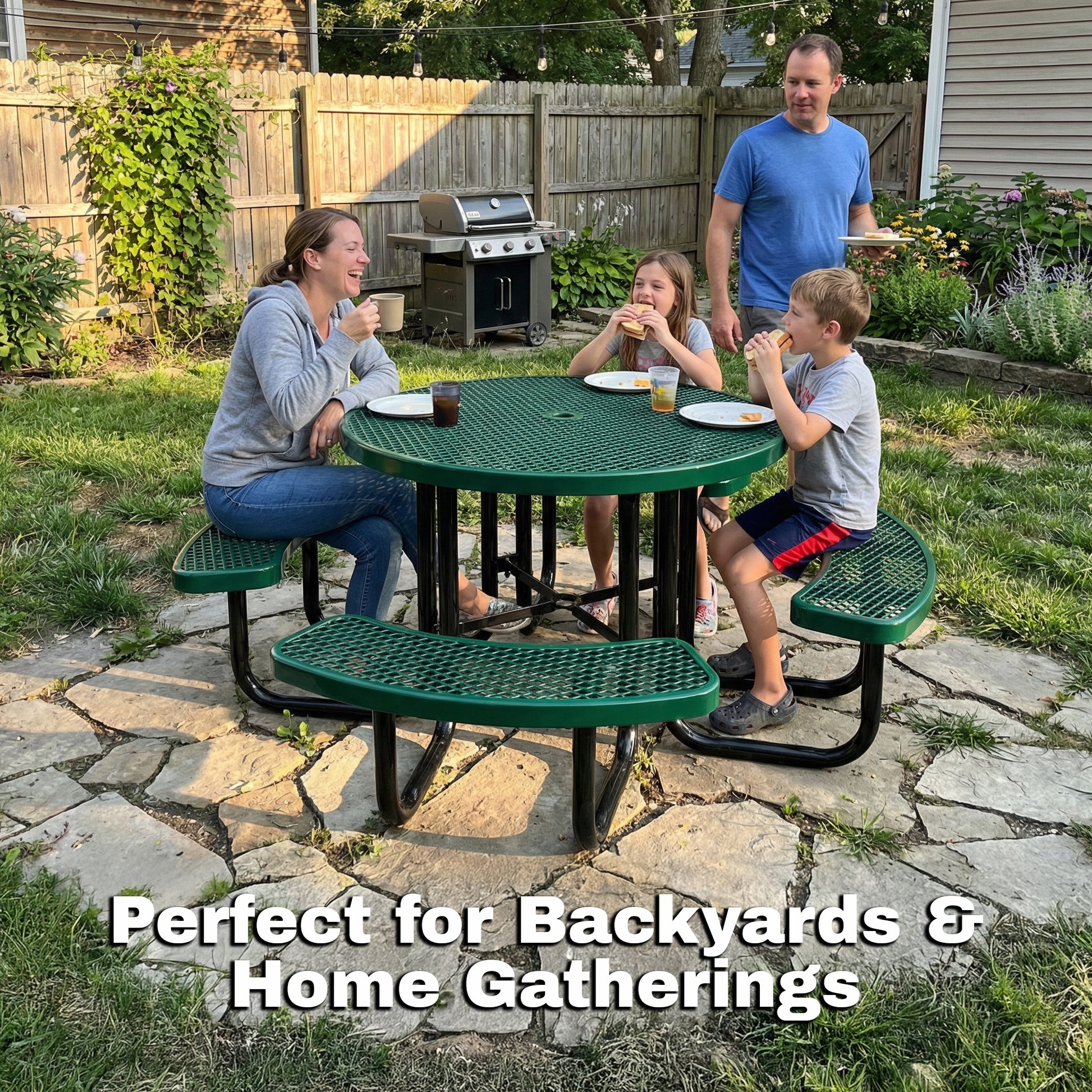 Family sitting at a round heavy duty outdoor metal picnic table in a backyard patio setting.