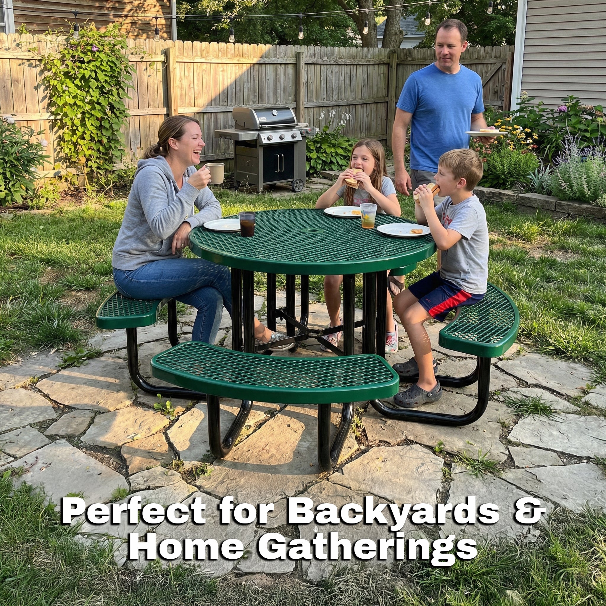 Family sitting at a round heavy duty outdoor metal picnic table in a backyard patio setting.