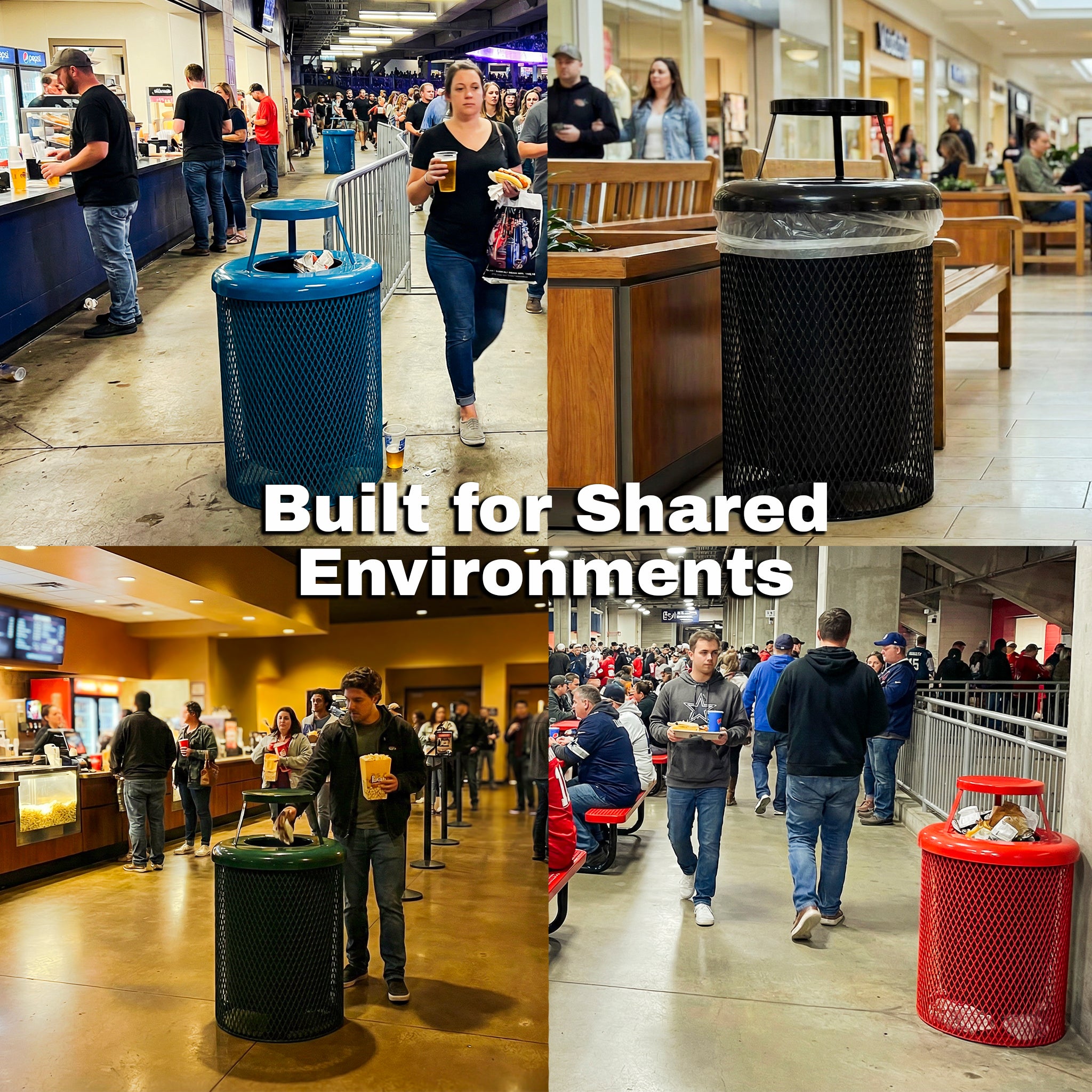 Collage of public indoor spaces showing people using heavy-duty trash receptacles in crowded shared environments, with the text “Built for Shared Environments.”