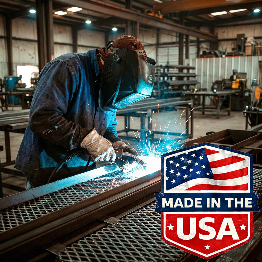 Worker welding metal outdoor furniture with 'Made in the USA' logo overlay