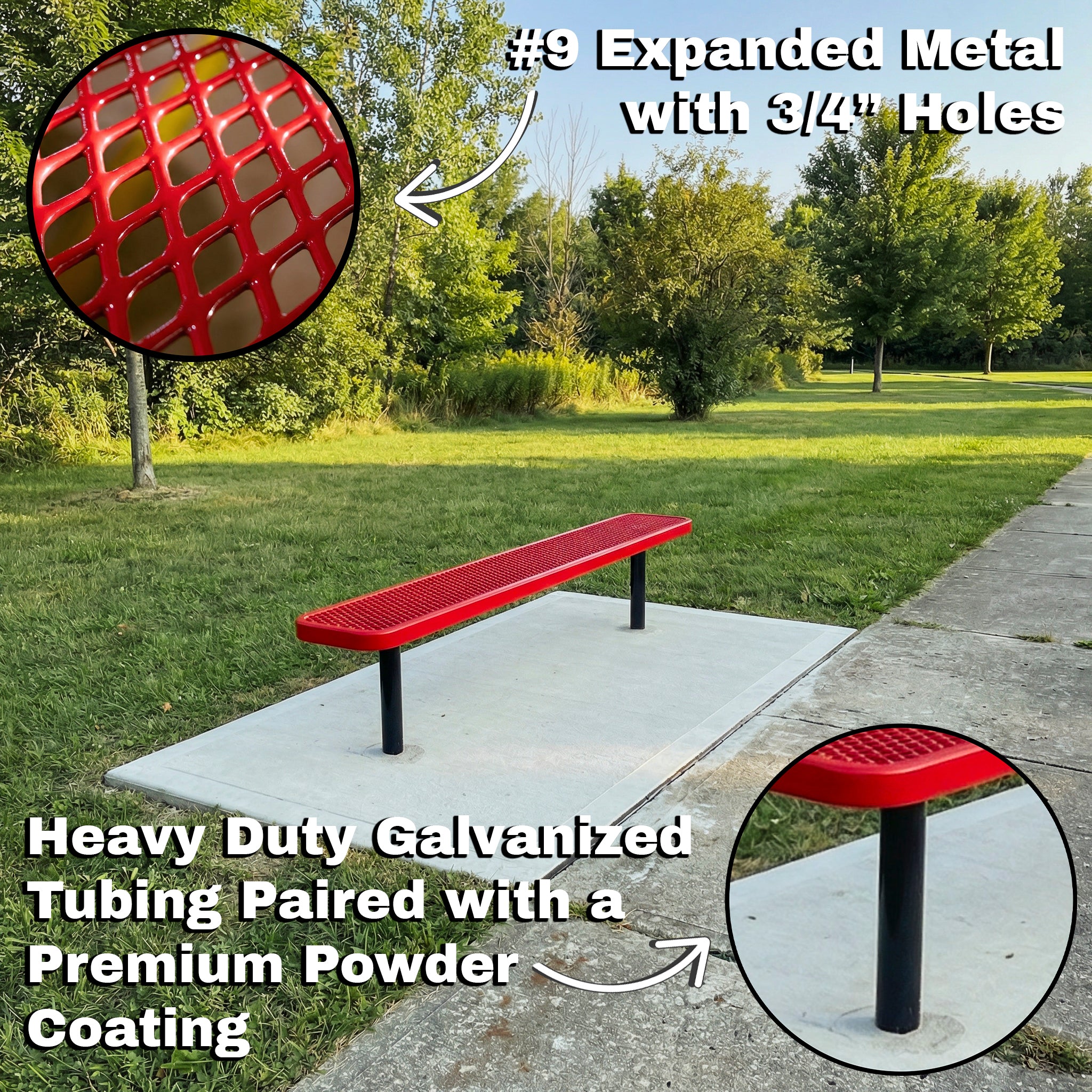 Red metal bench with expanded metal design in a park setting