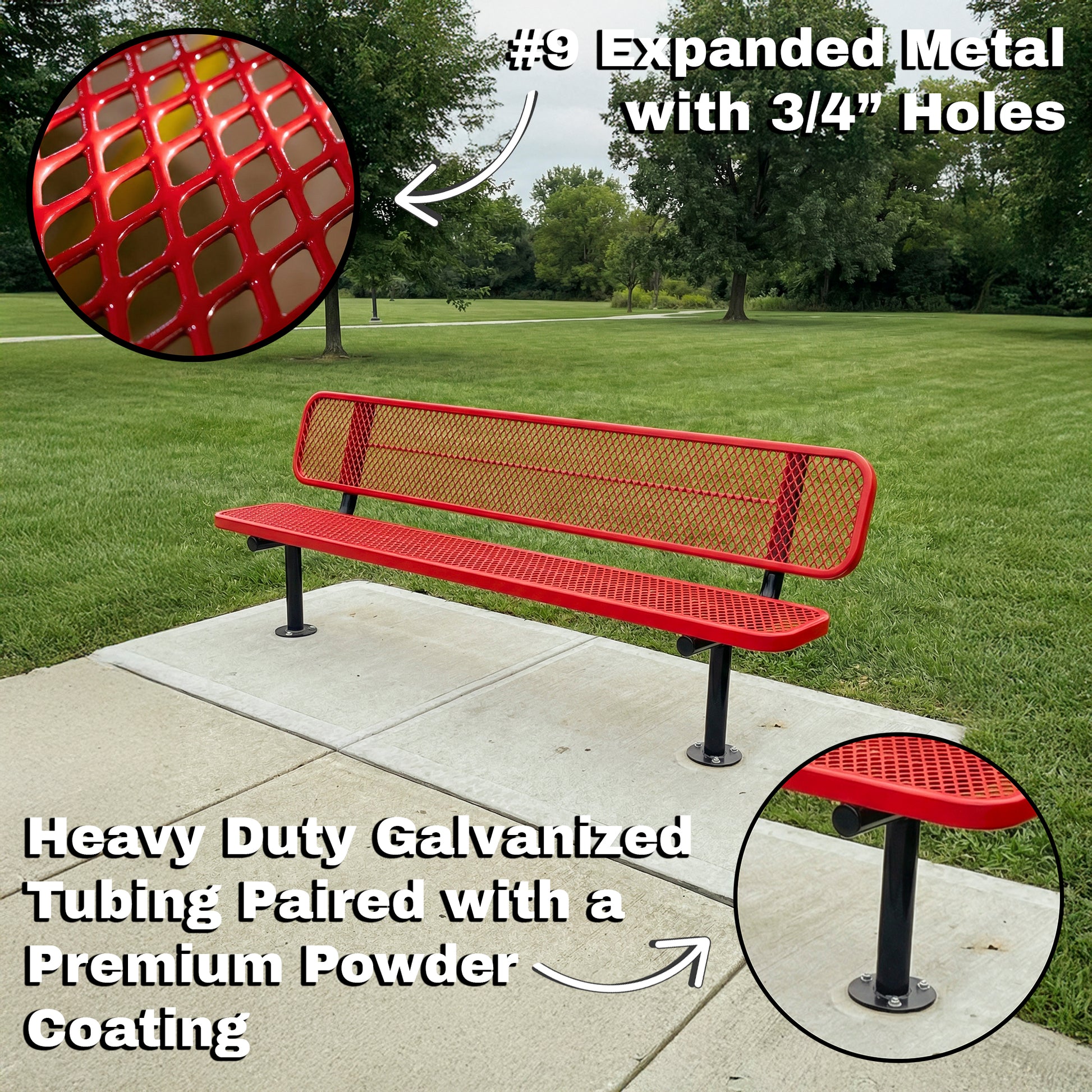 Red metal bench with expanded metal design in a park setting, highlighting features like holes and powder coating.