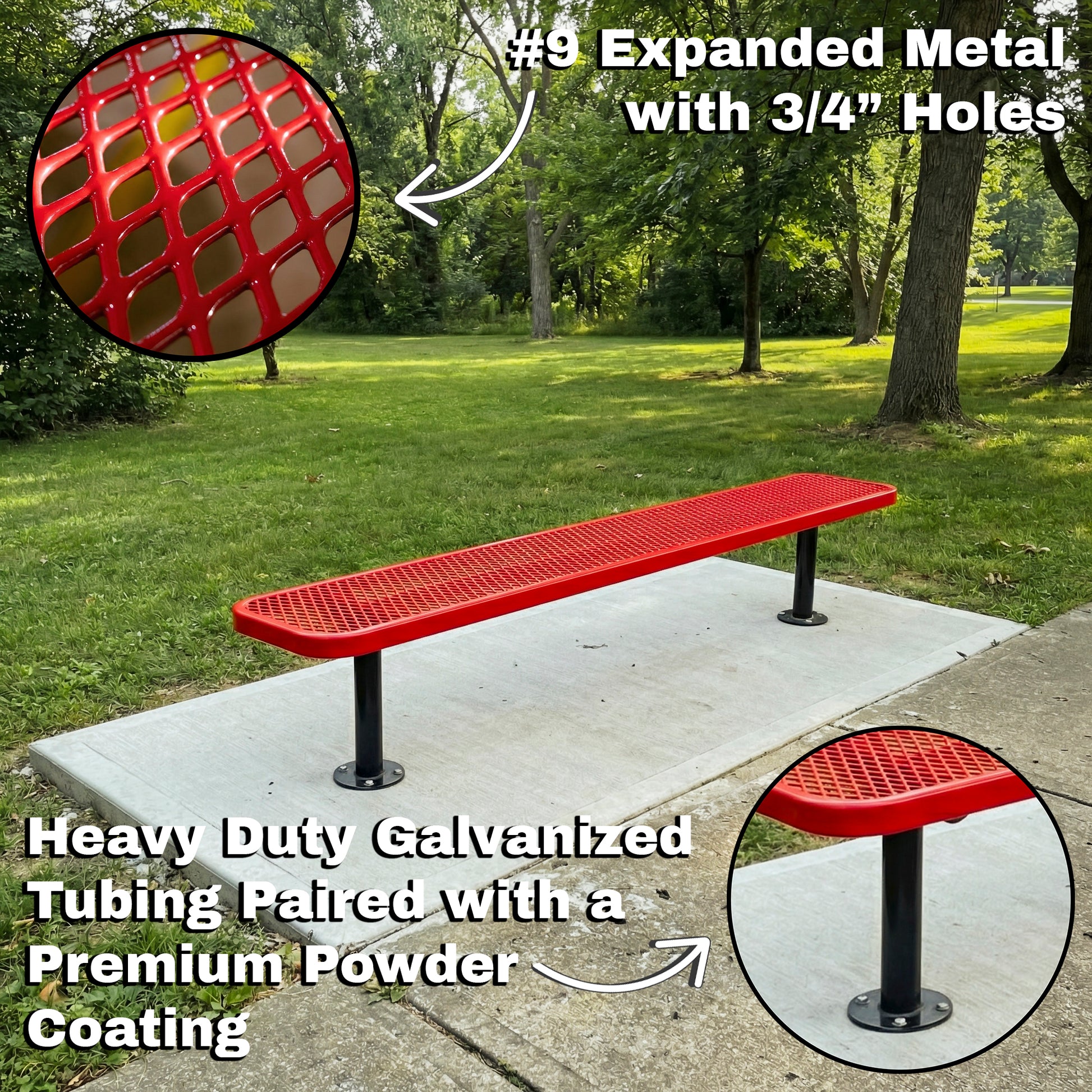 Red metal bench with expanded metal design in a park setting, highlighting features like holes and powder coating.